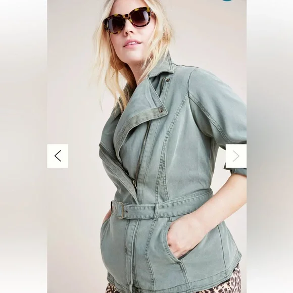 Anthropologie Plus 3X Everyday Belted Moto Jacket Light Green Lined Zip & Button - Picture 4 of 16